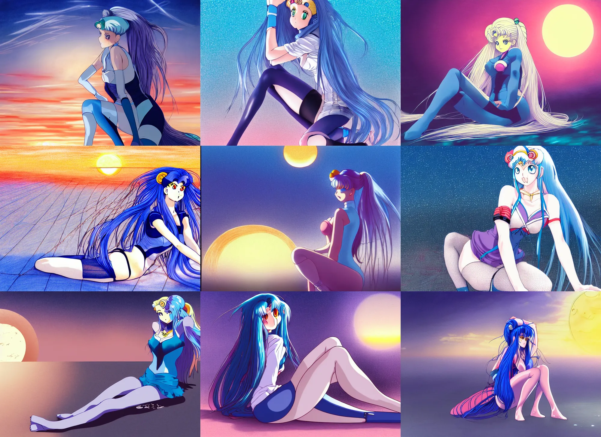 Prompt: a woman with long blue hair in mesh tights sitting on the ground, back to the viewer looking at sunset, a detailed drawing by sailor moon, featured on pixiv, official art, anime, pixiv