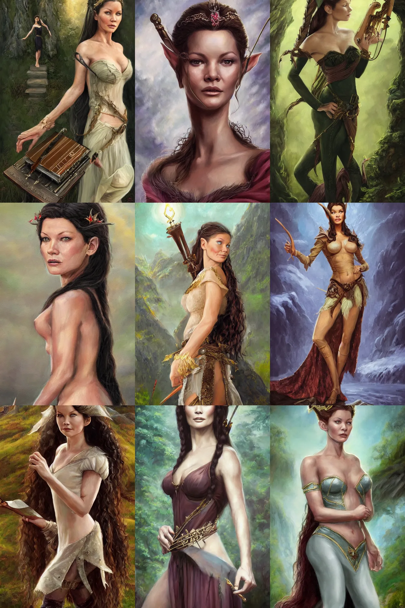 Image similar to a full body high detail fantasy portrait oil painting illustration of young catherine zeta - jones as a beautiful sophisticated singing bard elf by justin sweet with face and body clearly visible, in a scenic background, pupils visible, realistic proportions, d & d, rpg, forgotten realms, artstation trending, high quality, sombre mood, artstation trending, muted colours, entire person visible!