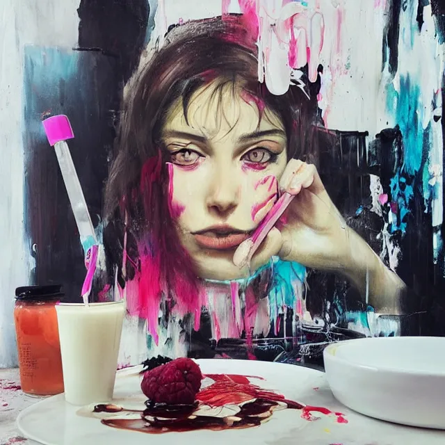 Image similar to “ sensual, a portrait in a female art student ’ s apartment, pancakes, iced latte, berries, art supplies, a candle dripping white wax, berry juice drips, neo - expressionism, surrealism, acrylic and spray paint and oilstick on canvas ”