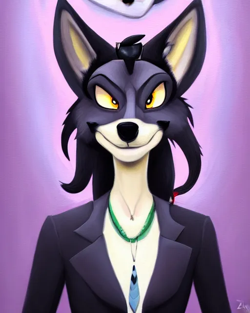 Image similar to oil painting of anthromorphic female wolf, in style of cory loftis, fursona, furry, furaffinity, 4 k, deviantart, furry art, fursona art, wearing black business suit, business suit, in style of zootopia, wolf fursona, cyberpunk, female, very very very expressive detailed feminine face,