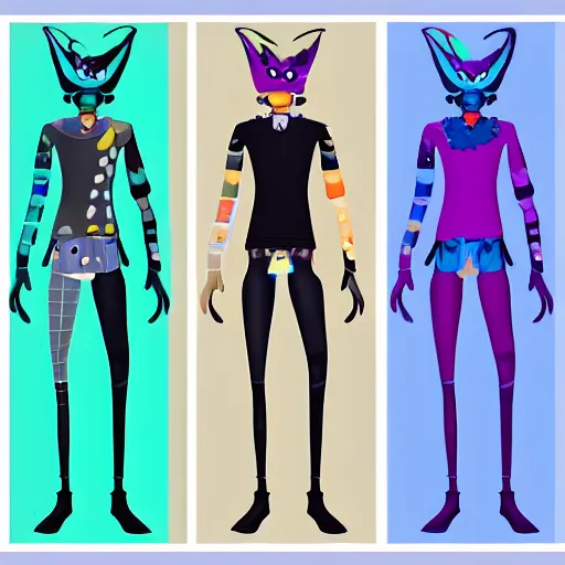 Prompt: character design sheets for a fashionable nonbinary androgynous gothic manta ray humanoid person with manta ray arms who sells empty spray paint cans as a scam and is always covered in paint and acting shady, designed by splatoon nintendo, inspired by tim shafer psychonauts 2 by double fine, cgi, professional design, gaming