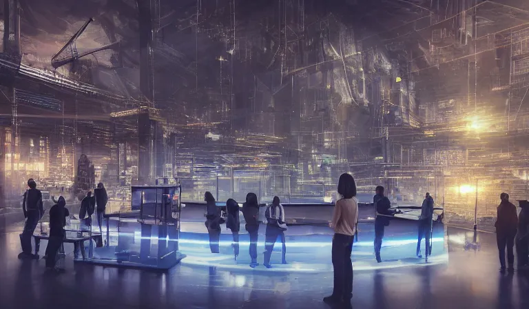 Image similar to group of people in simple warehouse, looking at hologram of futuristic city on a table, cinematic concept art, godrays, golden hour, natural sunlight, 4 k, clear details, tabletop model buildings, center model buildings, hologram center, crane shot, crane shot, crane shot