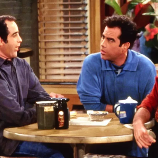 Image similar to Seinfeld and George invite Ross and Rachel at the coffee but they argue over the bill