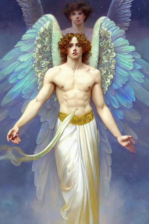 Prompt: fullbody portrait of a beautiful young fit male angel with curly blond hairs, soft smile, blessing hands, dressed in long fluent skirt, majestic symmetrical eagle wings, luminous halo, by greg rutkowski and alphonse mucha, gradient white to gold, in front of an iridescent background, highly detailed portrait, digital painting, smooth, sharp focus illustration