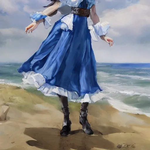 Prompt: dancing brunette milk maid woman wearing a pirate hat. Blue and white dress. Shore seascape in the style of Krenz Cushart