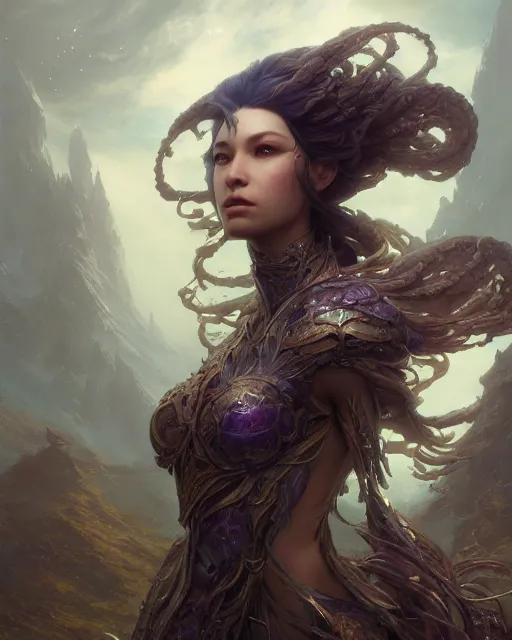 Prompt: rhythm of the wind, beauty portrait, proud, lineage revolution 2. armor, detailed hair, fractal crystal, intricate environment, fantasy art by greg rutkowski, peter mohrbacher, ross tran, craig mullins, thomas kinkade. unreal engine 5 highly rendered, blender, octane, ray tracing. sharp focus, post processing
