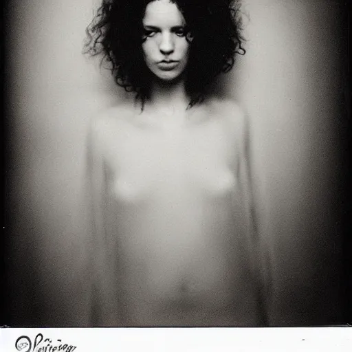 Image similar to polaroid picture, beautiful woman, curly hair, artistic, black and white, eerie, francesca woodman style