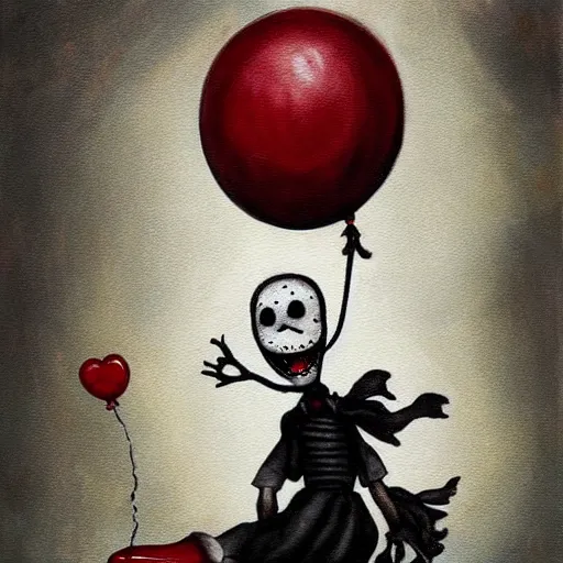 Prompt: grunge painting of elmo with a wide smile and a red balloon by chris leib, loony toons style, pennywise style, corpse bride style, horror theme, detailed, elegant, intricate