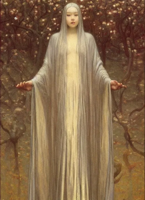 Image similar to thin young beautiful girl with silver hair, pale!, wearing robes, wearing hair, goddess, young cute wan asian face, silver robes!!, oil on canvas by jean delville, 4 k resolution, aesthetic!,
