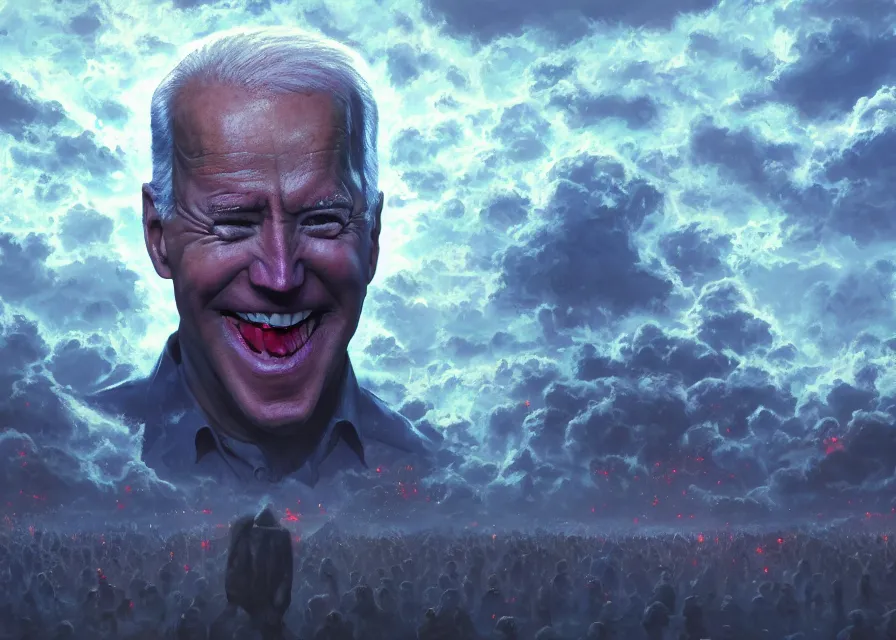 Prompt: large abstract painting of giant grinning evil dynamic Joe Biden head emerging from cosmic clouds at giant immense crowd of person army, trending on ArtStation, masterpiece, by Ciurlionis, octane, lightbeam eyes, oil on canvas, moody lighting, lights beaming out of eyes, cinematic, professional environment concept art
