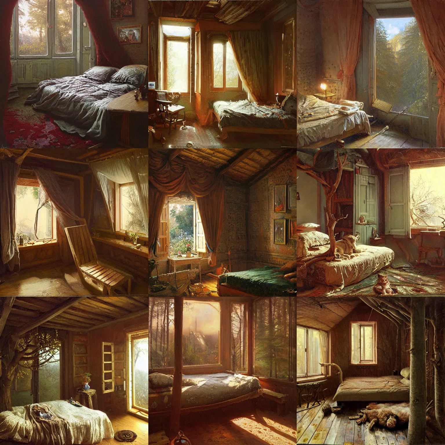 Prompt: Cozy treehouse bedroom, painted by Ivan Kramskoi