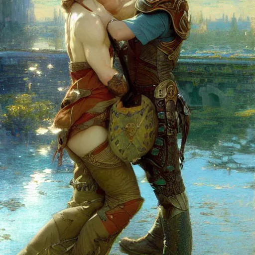 Image similar to attractive male arthur pendragon confesses his love to attractive male merlin. highly detailed painting by gaston bussiere, craig mullins, j. c. leyendecker 8 k