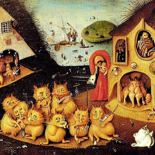 Image similar to garfield in the style of hieronymus bosch.