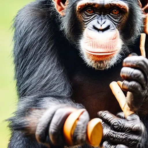 Image similar to a high detail closeup shot of a chimp wearing a suit, smoking a cigar