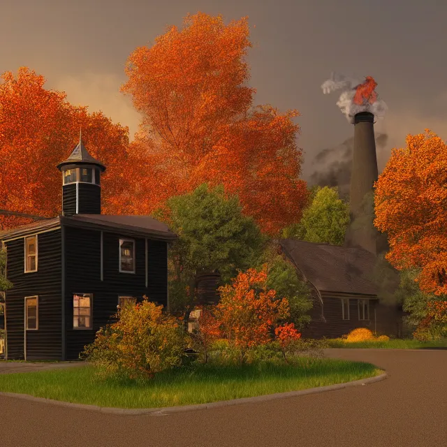 Image similar to black colonial new england house, tall maple tree in yard, large chimney with smoke, old street lamp, lights on inside, fall foliage, vermont mountain background, light cinematic, volumetric, realistic, cinematic lighting, ray tracing, unreal engine 5, octane render, hyper realistic, 8 k