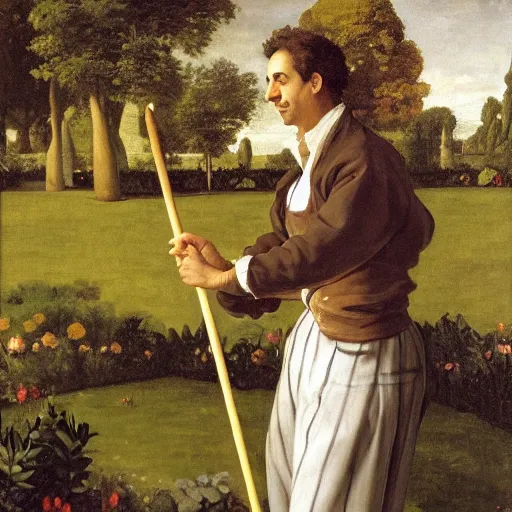 Prompt: jerry seinfeld playing croquet in the garden, happy expression, smiling, holding a croquet mallet, rule of thirds, golden ratio, oil on canvas, highly detailed, warm color scheme, soft lighting, sharp focus, adelaide labille - guiard, artemisia gentileschi