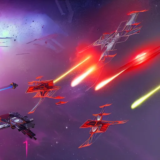 Prompt: space battle with lasers between two pirate spaceships, concept art