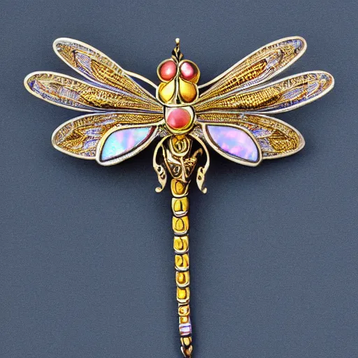 Prompt: highly detailed, well-lit studio photo of a complex intricate, ornate, art nouveau dragonfly brooch, with interlacing golden curves and opal eyes