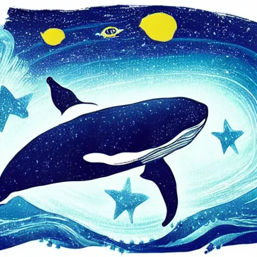 Image similar to portrait of whale swimming on a starry night sky, swimming across the universe, oniric, dreamy, beautiful, highly detailed, cinematic