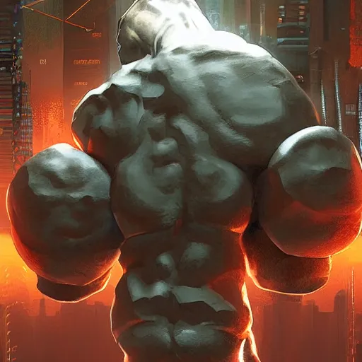 Image similar to muscular cyberpunk man lifing a boulder, Industrial Scifi, detailed illustration, Chiaroscuro, concept art, by Martin Grip and Moebius