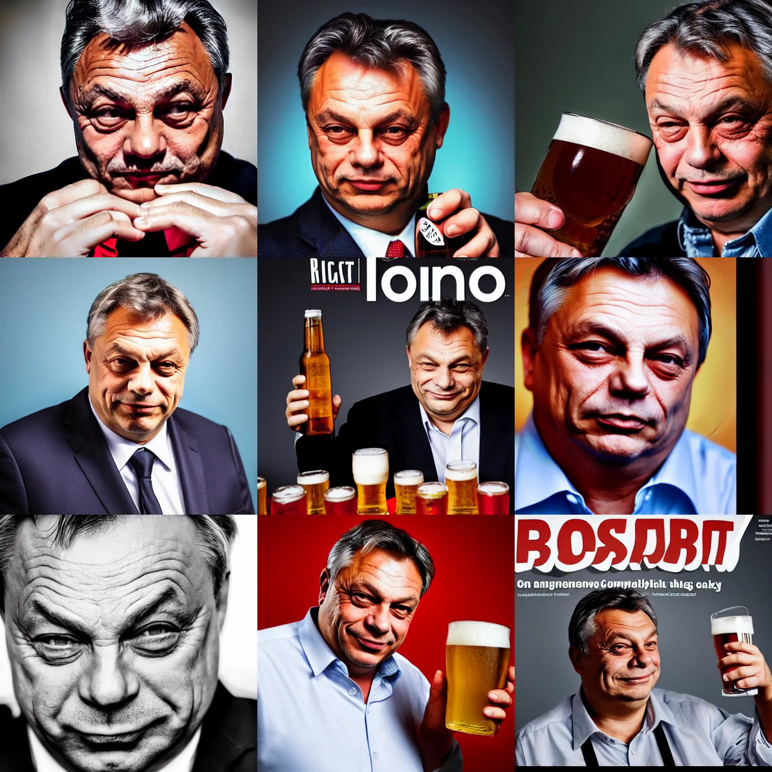 Prompt: headshot magazine cover photo of communist viktor orban winking with beer, close - up on face, studio lighting