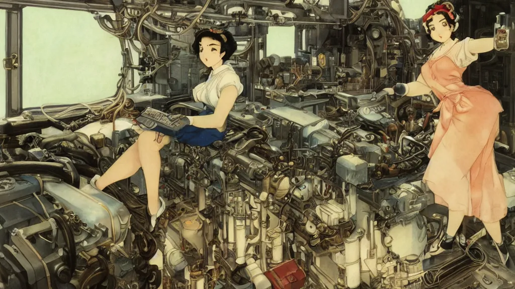 Image similar to a film still of a 1 9 5 0's mechanic anime girl working on a giant computer, finely detailed features, full body mid shot, perfect art, in the science laboratory, trending on pixiv fanbox, painted by gaston bussiere, makoto shinkai, akihiko yoshida, gaston bussiere, craig mullins, studio ghibli
