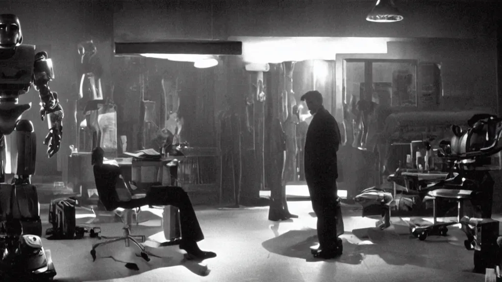 Prompt: movie scene of pulp fiction but with robots, movie still, cinematic composition, cinematic light, by david lynch