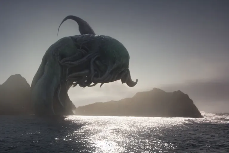 Prompt: giant VFX movie of cthulhu rising out of the ocean in Malibu morning natural light by Emmanuel Lubezki