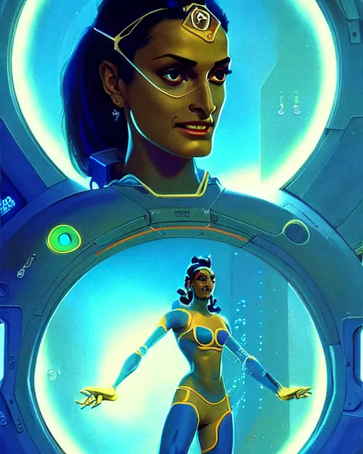 Image similar to symmetra from overwatch, blue rays of light, character portrait, portrait, close up, concept art, intricate details, highly detailed, vintage sci - fi poster, retro future, in the style of chris foss, rodger dean, moebius, michael whelan, and gustave dore