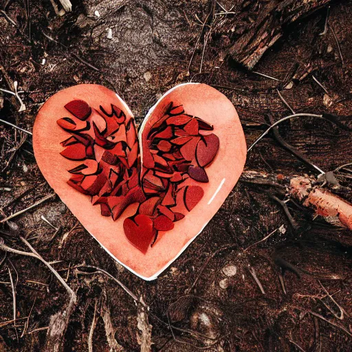 Image similar to photograph of an anotomicallt cotrect human heart sitting on the ground in a forest of dead trees