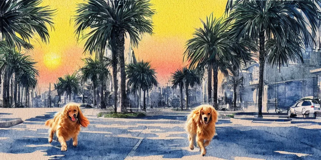 Prompt: golden retriever dog walking in tel aviv street looking at the camera. palm trees. realistic. sunset. high quality. digital art. watercolor. highly detailed. drawing. art. colorful. fluffy