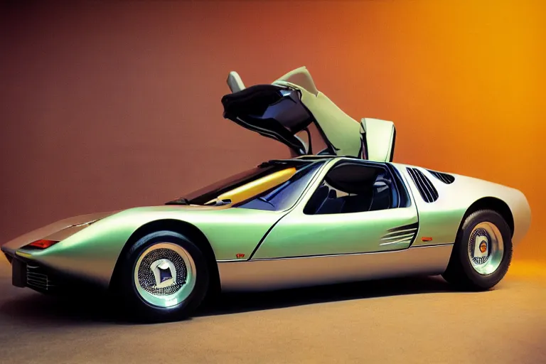 Prompt: stylized poser of a single 1973 Citroen DM Miura ((McLaren F1)) DeLorean, thick neon lights, ektachrome photograph, volumetric lighting, f8 aperture, cinematic Eastman 5384 film