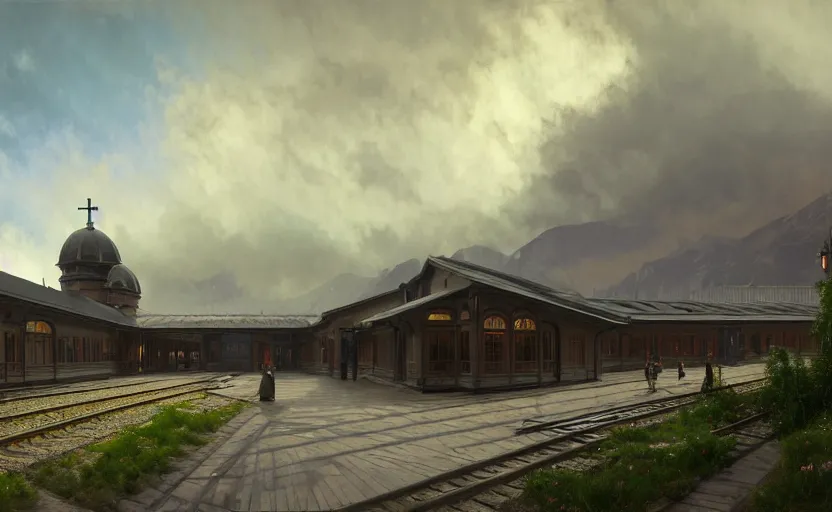 Image similar to painting of a wide angle exterior shot of a victorian utopian train station with cinematic lighting by peter zumthor and renzo piano, darek zabrocki and greg ruthkowski, alphonse mucha, simon stalenhag and cinematic and blue cold atmospheric, holy place, atmospheric, archillect concept art, artstation, trending on artstation