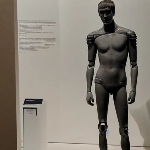 Image similar to “a realistic detailed photo of a guy who is an attractive humanoid who is half robot and half humanoid, who is a male android, actor Liam Hemsworth, shiny skin, posing like a statue, blank stare, at the museum, on display”