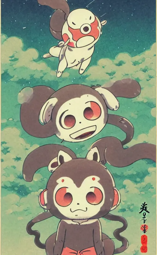 Prompt: a cute yokai card from 1 9 5 0, illustration, clear sky background, lush landscape, concept art, anime key visual, trending pixiv fanbox, by wlop and greg rutkowski and makoto shinkai and studio ghibli and kyoto animation, symmetrical facial features, portable yokai pet companion, box art