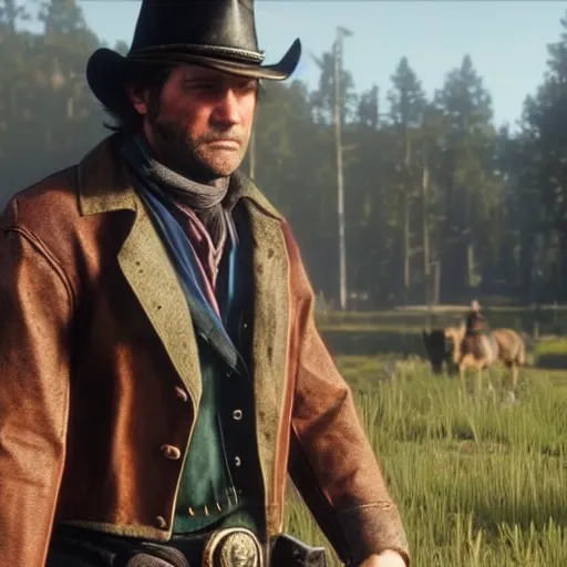 Arthur morgan from red dead redemption 2 standing next to a pickup truck