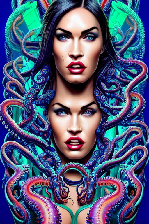 Prompt: Portrait of Megan Fox wearing epic bionic tentacles cyborg implants of different vibrant colors, detailed intricate ornate tentacles connected to head, portrait front face reference, by Dan Mumford and Naoto Hattori, extremely beautiful and proportionate, masterpiece, a sense of sensuality, voluptuous body, intricate, highly detailed, digital painting, Blade Runner, artstation, concept art, crepuscular rays, smooth, sharp focus, illustration, background made from fractals of vibrant universe stars, cyberpunk colors, volumetric lighting, art by artgerm and james jean and Nick Sullo