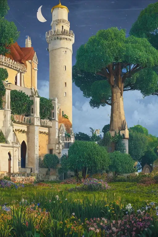 Image similar to view of the white tower of the moon in its gardens after a storm, fairytale illustration, tall windows, beautiful moorish tiles, dramatic cinematic lighting, rich colors, golden age illustration, by Sylvain Sarrailh and Nicholas Roerich and Ludwig Deutsch, unreal engine