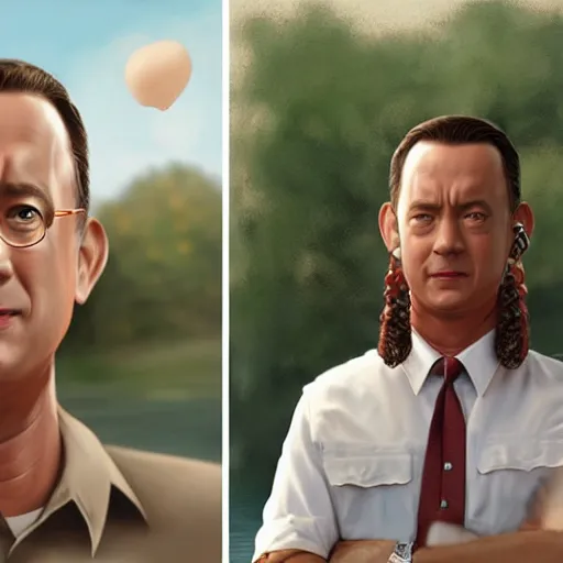 Image similar to tom hanks as forrest gump with giant shrimp heads instead of hands, photorealistic, cgsociety, artstation