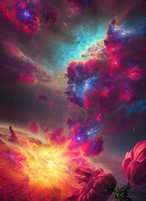 Image similar to An epic fantastic realism comic book style painting of the most beautiful flowers launched into space, bouquets, dark cosmos and glorious nebula, fisheye lens, unreal 5, DAZ, hyperrealistic, octane render, dynamic lighting