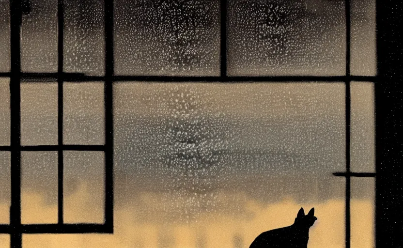 Image similar to a dog is looking out of a window at night staring at a skyline in rain, movie still, silhouette, 8 k