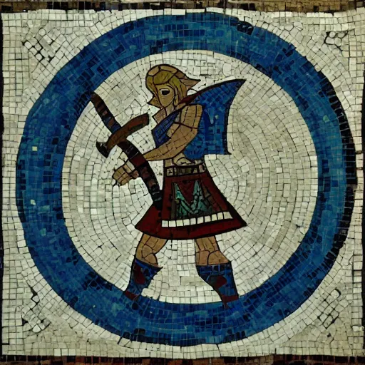 Prompt: ancient greek mosaic of link from zelda with raised sword