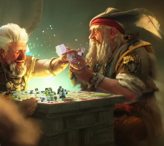 Prompt: a white haired dwarf and a pirate halfling gambling with dice near a creak, craig mullins, wlop, highly detailed, colorful, unreal engine, octane render, dramatic lighting, cinematic composition,