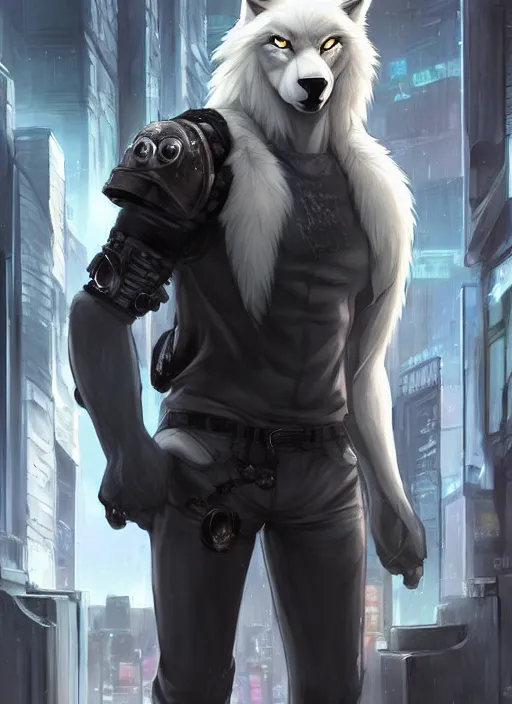 Image similar to award winning beautiful portrait commission art of a muscular male furry anthro albino wolf fursona with a tail and a cute beautiful attractive detailed furry face wearing black stylish cyberpunk pants and boots in a cyberpunk city at night while it rains. Character design by charlie bowater, ross tran, artgerm, and makoto shinkai, detailed, inked, western comic book art