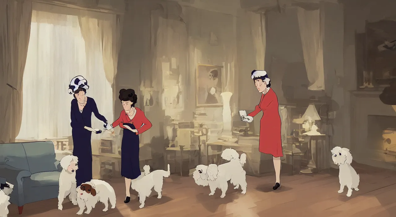 Prompt: queen of england placing a medal on the neck of a cream - colored havanese dog, england, 1 9 0 0, tartakovsky, atey ghailan, goro fujita, studio ghibli, rim light, happy, warm lighting, clear focus, very coherent