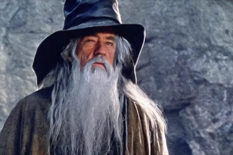 Image similar to Cowboy Gandalf wearing Stetson hat and leather trousers. Movie still from lord of the rings the fellowship of the ring.