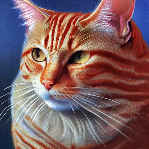 Image similar to red tabby cyborg cat with red eyes and smoke coming from his ears, realistic oil painting