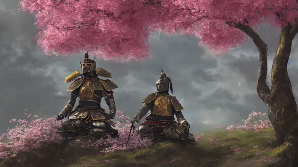 Image similar to beautiful painting of an armoured samurai meditating under a blossom tree, realistic, digital painting, concept art, matte painting, cinematic night lighting, 8 k, highly detailed, detailed terrain