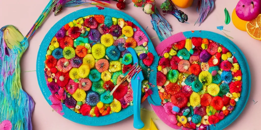 Image similar to many colorful pins and needles sticking out of a colorful fruit tarte on a beautiful ceramic plate