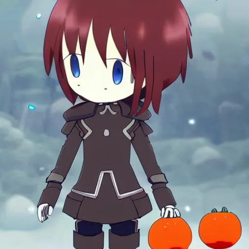 Image similar to cute android with tomato head and a carrot sword, made in abyss style